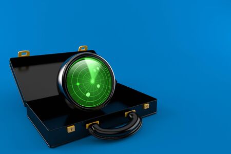 Radar inside black briefcase isolated on blue background. 3d illustrationの写真素材