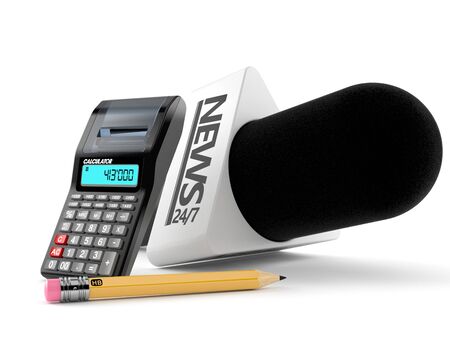 Interview microphone with calculator and pencil isolated on white background. 3d illustrationの写真素材