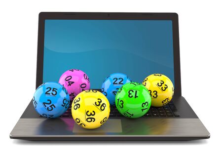 Lottery balls with laptop isolated on white background. 3d illustrationの写真素材