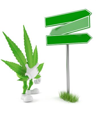 Cannabis character with blank signpost isolated on white background. 3d illustrationの写真素材