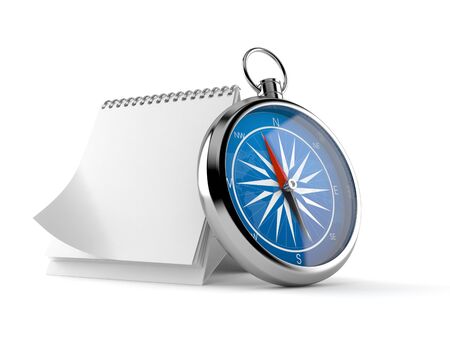 Compass with blank calendar isolated on white background. 3d illustration