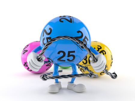 Lotto ball character holding barbed wire isolated on white background. 3d illustrationの写真素材