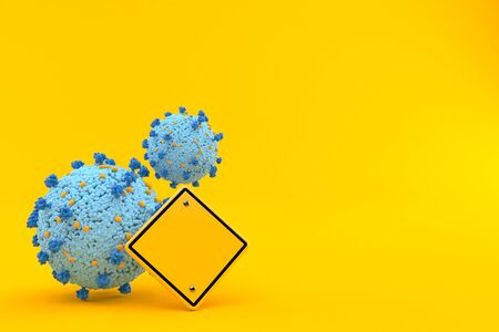 Virus with blank road sign isolated on orange background. 3d illustrationの写真素材