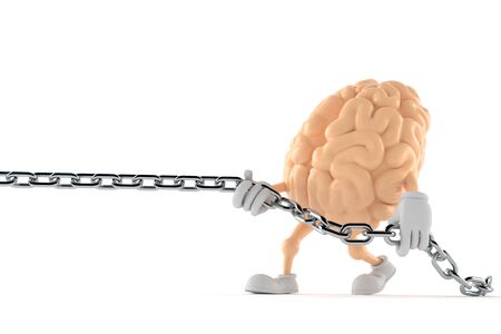 Brain character pulling chain isolated on white background. 3d illustrationの写真素材