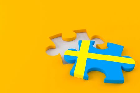 Jigsaw puzzle with swedish flag isolated on orange background. 3d illustrationの写真素材