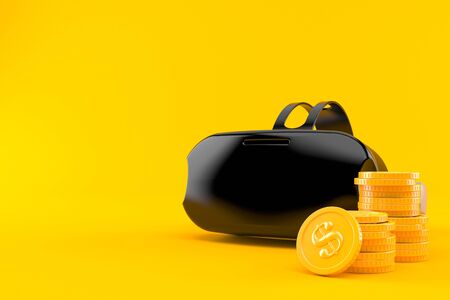VR headset with stack of coins isolated on orange background. 3d illustration