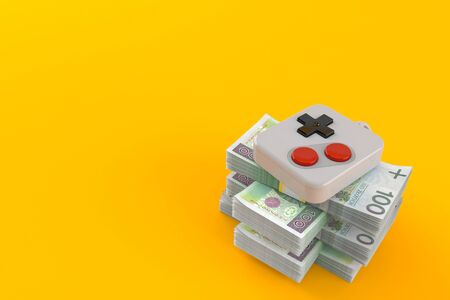 Gamepad on stack of money isolated on orange background. 3d illustration