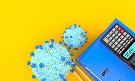 Virus with ring binders and calculator on orange background. 3d illustrationの写真素材
