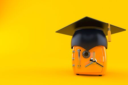 Orange safe with mortarboard isolated on orange background. 3d illustrationの写真素材
