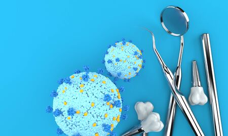 Virus with dental implants and dental tools isolated on blue background. 3d illustration