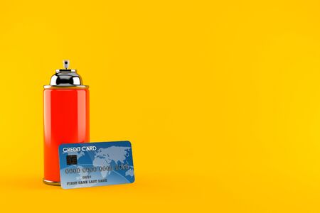 Spray can with credit card isolated on orange background. 3d illustration