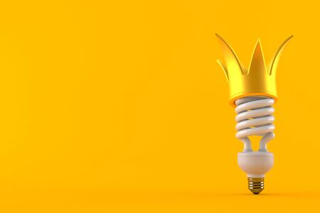 Light bulb cfl with golden crown isolated on orange background. 3d illustration