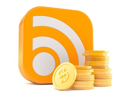 RSS icon with stack of coins isolated on white background. 3d illustrationの写真素材