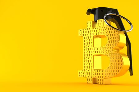 Bitcoin symbol with hand grenade fuse isolated on orange background. 3d illustrationの写真素材