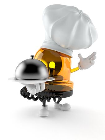 Emergency siren character holding catering dome isolated on white background. 3d illustrationの写真素材