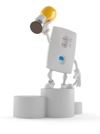 Pregnancy test character on podium holding trophy isolated on white background. 3d illustrationの写真素材