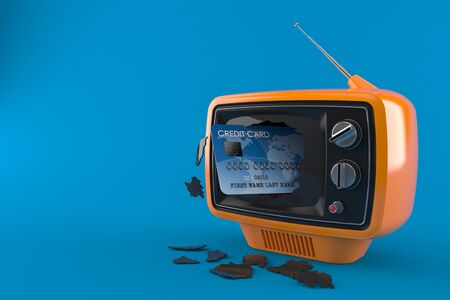Credit card inside tv isolated on blue background. 3d illustrationの写真素材