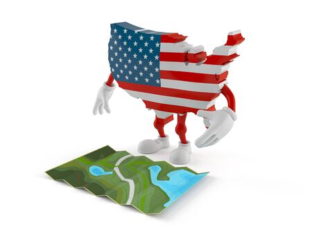 USA character looking at map isolated on white background. 3d illustrationの写真素材