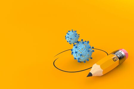 Virus with pencil isolated on orange background. 3d illustrationの写真素材