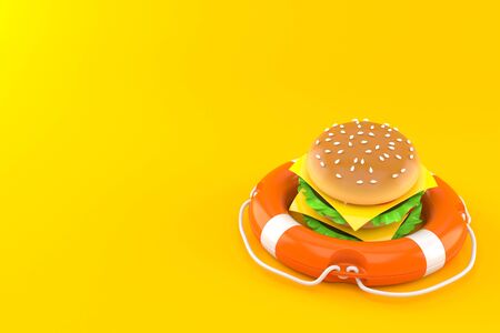 Cheeseburger inside life buoy isolated on orange background. 3d illustrationの写真素材