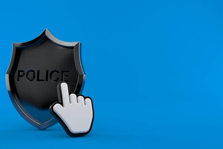 Police badge with web cursor isolated on blue background. 3d illustrationの写真素材