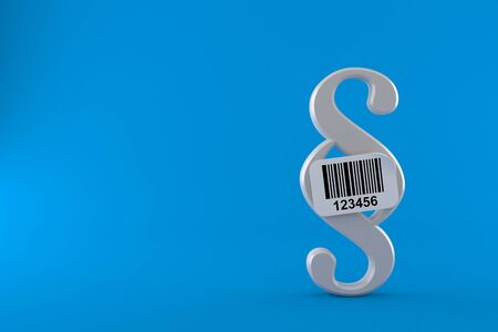 Paragraph symbol with barcode sticker isolated on blue background. 3d illustration