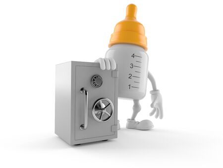 Baby bottle character with safe isolated on white background. 3d illustrationの写真素材