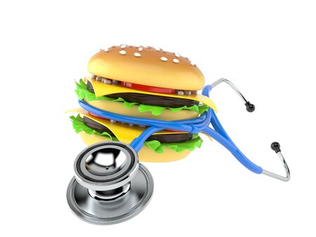 Cheeseburger with stethoscope isolated on white background. 3d illustrationの写真素材
