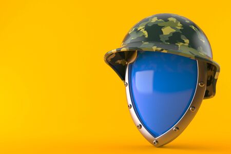 Shield with military helmet isolated on orange background. 3d illustrationの写真素材