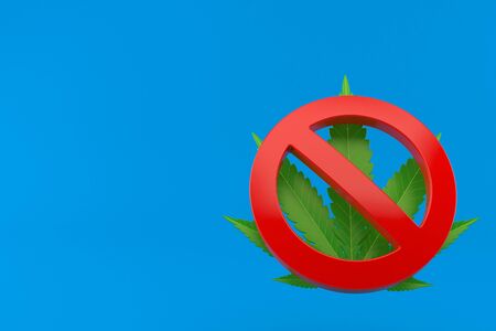 Cannabis leaf with forbidden symbol isolated on blue background. 3d illustrationの写真素材