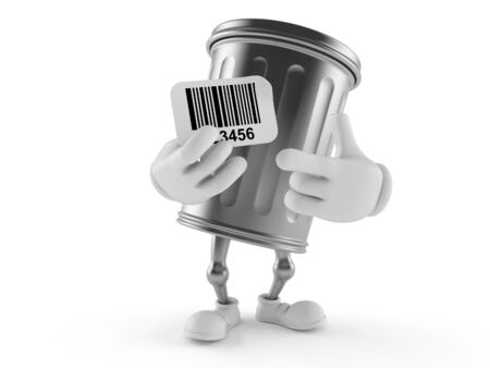 Trash can character holding barcode isolated on white background. 3d illustrationの写真素材