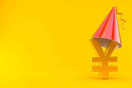 Yen currency with party hat isolated on orange background. 3d illustrationの写真素材