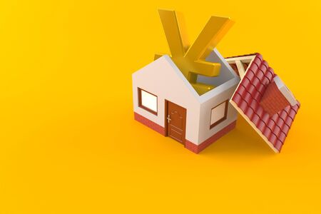 Yen currency inside house isolated on orange background. 3d illustrationの写真素材