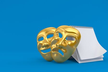 Theater Masks with blank calendar isolated on blue background. 3d illustrationの写真素材