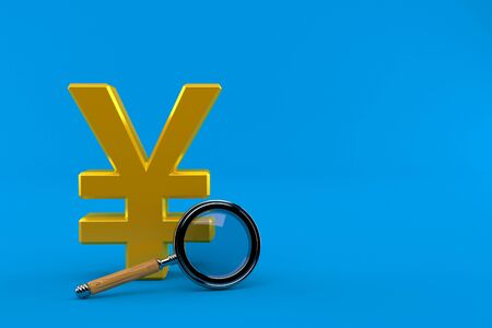 Yen currency with magnifying glass isolated on blue background. 3d illustrationの写真素材