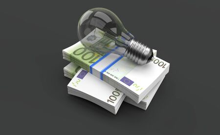 Light bulb lying on the euro currency isolated on grey background. 3d illustrationの写真素材