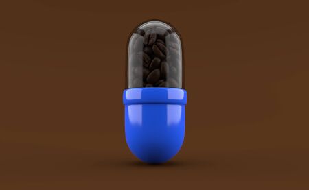 Coffee seed inside pill isolated on brown background. 3d illustrationの写真素材