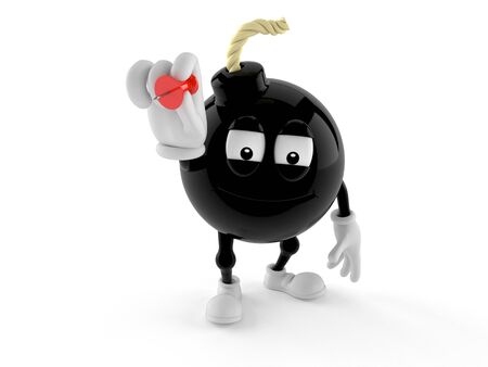 Bomb character holding thumbtack isolated on white background. 3d illustrationの写真素材