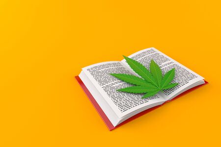 Cannabis leaf on open book isolated on orange background. 3d illustrationの写真素材