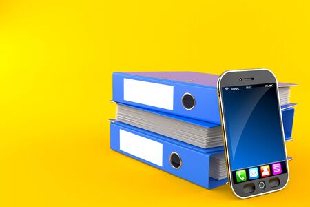 Smart phone with stack of ring binders isolated on orange background. 3d illustrationの写真素材
