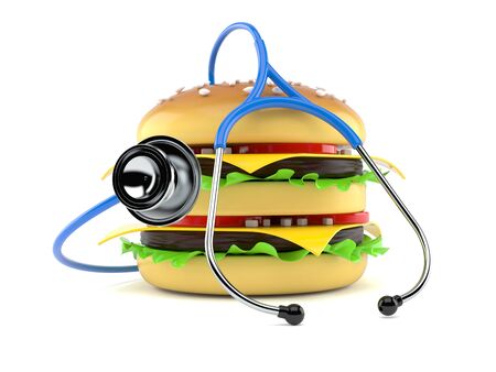 Cheeseburger with stethoscope isolated on white background. 3d illustrationの写真素材