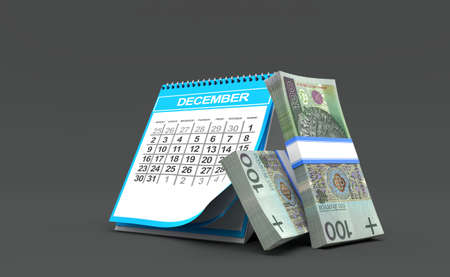 Polish currency with calendar isolated on grey background. 3d illustration