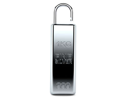 Silver ingot padlock isolated on white background. 3d illustration
