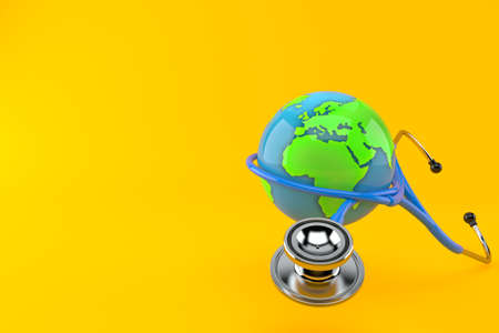 World globe with stethoscope isolated on orange background. 3d illustrationの写真素材