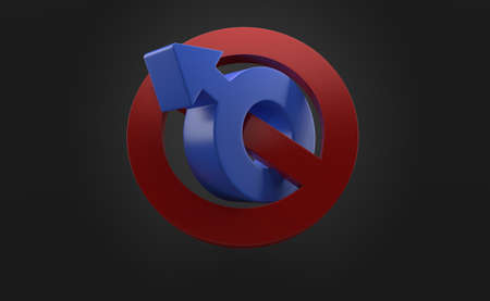 Male gender symbol with forbidden symbol on grey background. 3d illustration