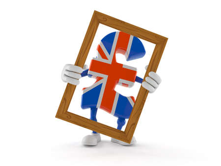 Pound currency character holding picture frame isolated on white background. 3d illustration