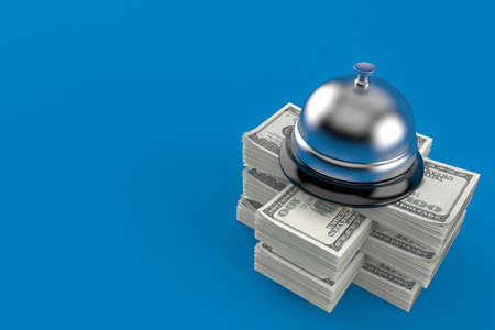 Hotel bell on stack of money isolated on blue background. 3d illustration