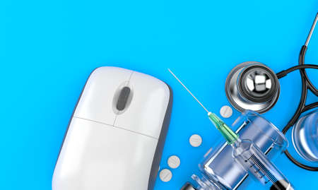 Computer mouse with stethoscope and drugs isolated on blue background. 3d illustrationの写真素材