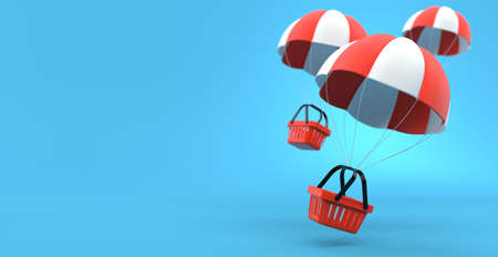 Shopping basket on parachute on blue background. 3d illustrationの写真素材