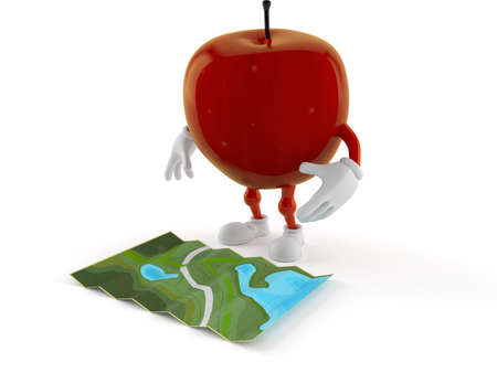 Apple character looking at map isolated on white background. 3d illustrationの写真素材